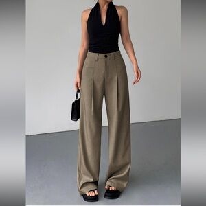 Commense Black Top and Tan Wide Leg Pants